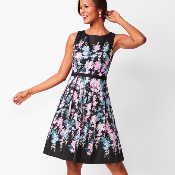 Talbots Floral Fit & Flare Party Dress Black Purple Blue White Flowers Size 10 - Picture 1 of 10